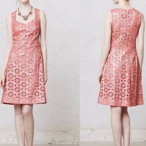 Anthro Maeve Coral Shine Metallic Floral Eyelet Dress